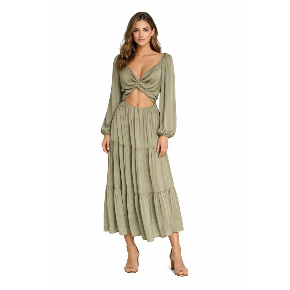 Anthropologie Mable Twist Cutout Tiered Maxi Dress Medium Green Puff Sleeve